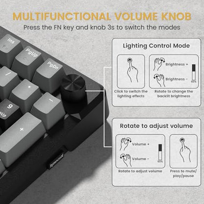 Redragon K742 Wireless Mechanical Gaming Keyboard with Knob for PC Computer | Bluetooth 5.0/2.4GHz/USB C Wireless Creamy Keyboard with Number Pad, RGB Backlits, Hot-Swappable with Linear Switches (Black) - color: Black