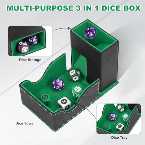 Dice Roller Tower, Magnetic Dice Tray for Rolling, Foldable Leather Dice Organizer Tower Fits for Dungeons & Dragons, MTG DM and Player, Black & Green - color: Black & Green, style: Style A
