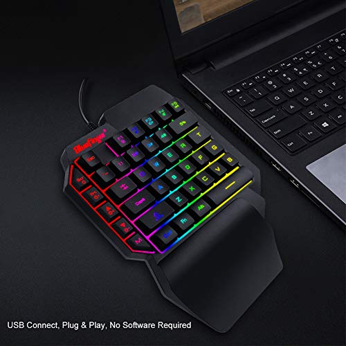 One Hand RGB Gaming Keyboard and Backlit Mouse Combo, USB Wired Rainbow Letters Glow Single Hand Mechanical Feeling With Wrist Rest Support, Gaming Set for Game