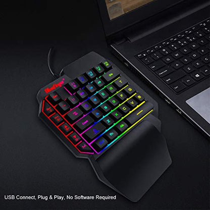 One Hand RGB Gaming Keyboard and Backlit Mouse Combo, USB Wired Rainbow Letters Glow Single Hand Mechanical Feeling With Wrist Rest Support, Gaming Set for Game