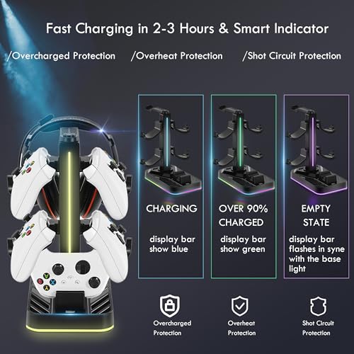 Controller Charger with Headphone Stand for Xbox Series X|S/Elite 2/One/One X/One S/One Elite, RGB Controller Charging Station Dock for Xbox, Headset and Controllers Holder Stand, 3 USB Ports - size: Charger with Holder for Xbox