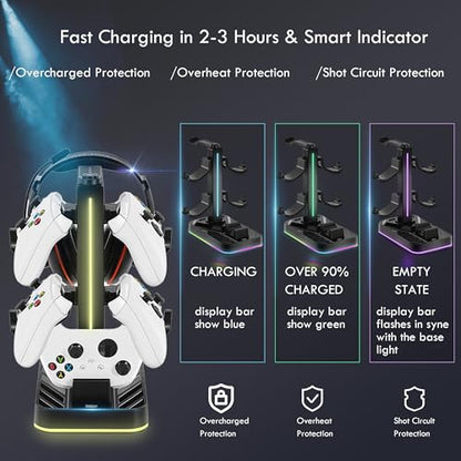 Controller Charger with Headphone Stand for Xbox Series X|S/Elite 2/One/One X/One S/One Elite, RGB Controller Charging Station Dock for Xbox, Headset and Controllers Holder Stand, 3 USB Ports - size: Charger with Holder for Xbox