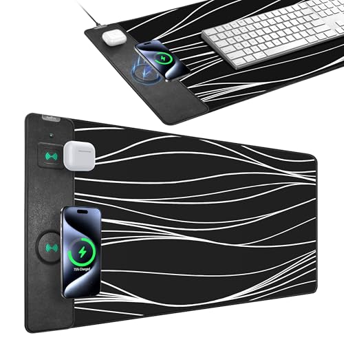 Mouse Pad with Magnetic Wireless Charging, 31.5"x15.8" XXL Desk Mat | Gaming Mousepad Ultra-Smooth Surface, Non-Slip Rubber Base, Waterproof Computer Keyboard Pad for Desk, Office, Black and Line - color: Black and Line - 31.5"x15.7"