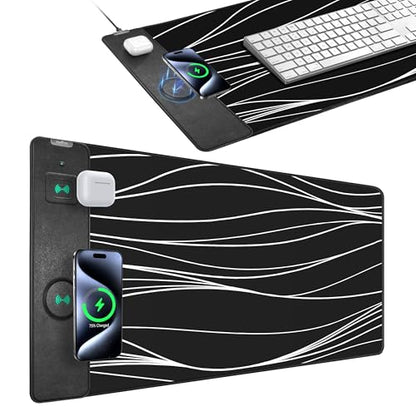 Mouse Pad with Magnetic Wireless Charging, 31.5"x15.8" XXL Desk Mat | Gaming Mousepad Ultra-Smooth Surface, Non-Slip Rubber Base, Waterproof Computer Keyboard Pad for Desk, Office, Black and Line - color: Black and Line - 31.5"x15.7"