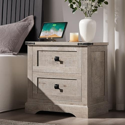 T4TREAM 24" Farmhouse Nightstand with Charging Station, Light Rustic Oak | End Table, 2 Large Storage Drawers, Rustic Wood Sofa Bedside Table, Bedroom, Living Room - color: Light Rustic Oak, size: 24"W*15.75"D*24"H