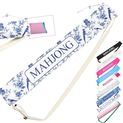 34 Inch Long Mahjong Mat Bag Cute Double Strapped Canvas Drawstring Mahjong Holder Lightweight Outdoor Carrying Bag for Board Games Travel Storage-Mat Not Include (White,Chinoiserie,1 Pc) - color: White, style: Chinoiserie
