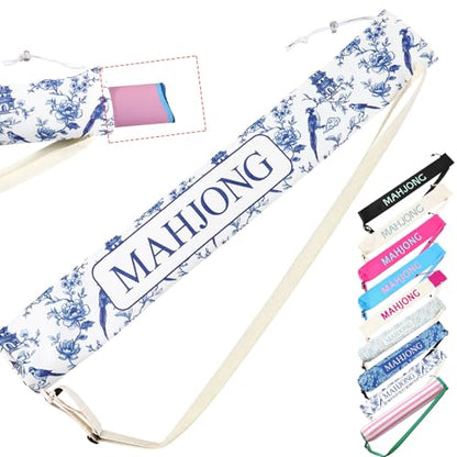 34 Inch Long Mahjong Mat Bag Cute Double Strapped Canvas Drawstring Mahjong Holder Lightweight Outdoor Carrying Bag for Board Games Travel Storage-Mat Not Include (White,Chinoiserie,1 Pc) - color: White, style: Chinoiserie