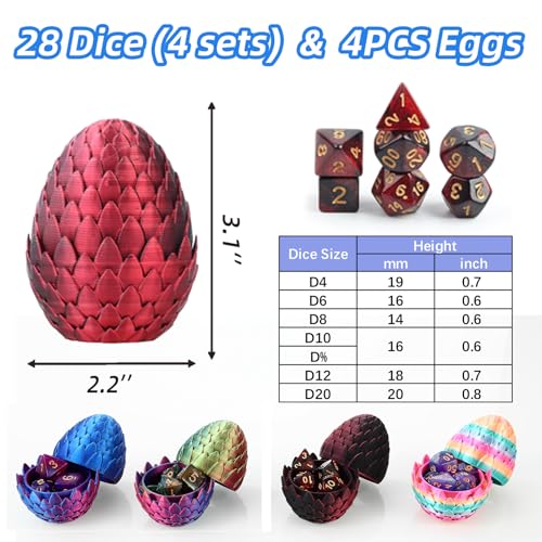 28-Piece DND Dice Set with 4Pcs 3D Printed Dragon Eggs | Fidget RPG Polyhedral Dice, Ideal Party Favors for DND & MTG Tabletop Games - color: 4colors-a