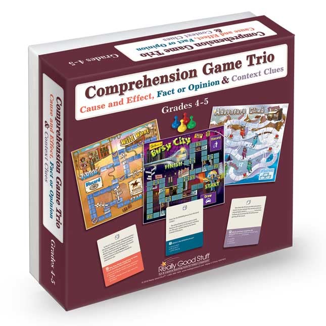 Really Good Stuff Reading Comprehension Board Game Trio, Grades 4-5 | Cause and Effect, Fact or Opinion & Context Clues, Set of 3 Games - size: Grades 4-5, style: Cause and Effect, Fact Or Opinion & Context Clues