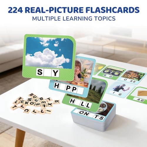 BenBen Spelling Games, 224 Flashcards, 208 Wood Letter Tiles, 1-4 Players, Learning Games for Kids 4-8, Educational Toys for Kindergarten 1st 2nd Grade, Preschool Classroom Must Haves - style: Spelling Game with 224 Flash Cards