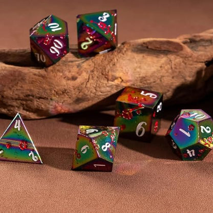 UDIXI Rainbow Metal Dice Set D&D, 7PCS Flower Metal DND Dice Set for RPG | Red Flower, Metal Case Packaging, Heavy Metal Dice, D&D Gift, for Dungeons and Dragons Role Playing Games Tabletop Games - color: Rainbow-white