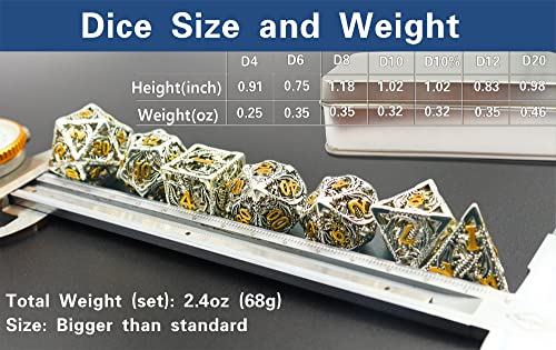Metal DND Dice Set Dungeons and Dragon Dice Set Hollow Dragon Polyhedral Magic 7 PCS Dice Set with Gift Metal Box for Dungeons and Dragons Table Games Play Cards MTG(Dragon_Ancient Silver and Gold) - color: Dragon_ancient Silver and Gold