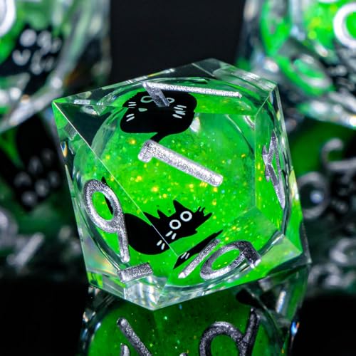 Roycevon Resin DND Dice Set with Gift Box, 7Pcs Liquid Core Cat D&D Dice, Cute Dungeons Dragons D and D Dice, Sharp Edge Role Playing Game Dice D20 D12 D10 D8 D6 D4, Green - color: Green