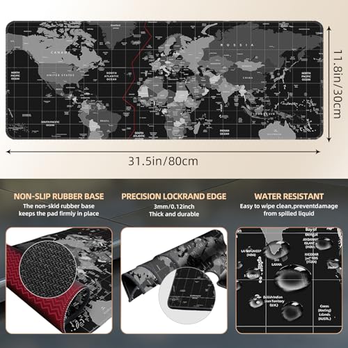 Galdas Mouse Pad for Gaming,XXL XL Large Mouse Mat Long Extended Mousepad Desk Mat Non-Slip Rubber Mice Pads Stitched Edges Thin (31.5 x 11.8 x 0.12 Inches),World Map Background - color: Black World Map