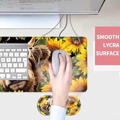 Mouse Pad,Large Desk Mat Set, 4in1 XL Mousepad + Keyboard Wrist Rest+Mouse Wrist Rest+Coaster with Ergonomic Desk Pad for Home Office Table Computer Cover -Highland Cow Sunflower - color: Highland Cow Sunflower