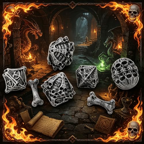 DND Dice Set, Features Skeleton Theme Dice Set, Resin Material, DND Starter Set, 7pcs Polyhedral Dice Set with Dice Bag, Role Playing Board Games Accessories, Grey