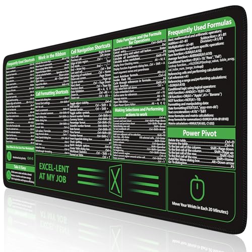 iCasso Excel Cheat Sheet Desk Pad, Excel Mouse Pad Shortcuts | Large Desk Mat,Extended XXL Non-Slip Exel Mousepad with Stitched Edges for Computer Keyboard - color: B-black Excel Shortcuts