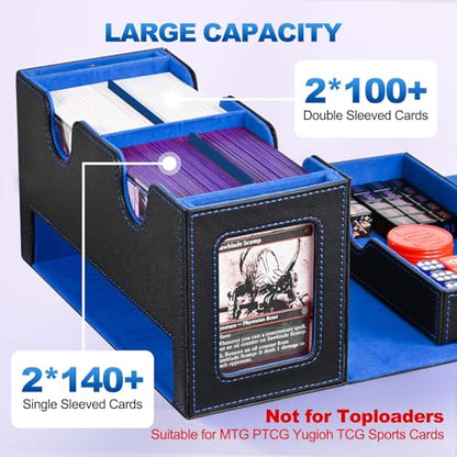 UAONO 3-in-1 MTG Commander Deck Box, Black Blue | 2 Magnetic Card Holders & 1 Dice Tray, Fits 200 Double Sleeved, Card Organizer Compatible with Magic the Gathering - color: Black&Blue
