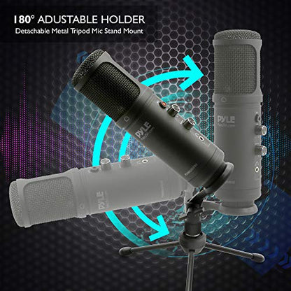 JOVIAL Pyle USB PC Recording Condenser Microphone, Portable Pro Audio Condenser Desk Mic, Blue LED, Adjustable Gain, Headphone Jack, Mute Control, Tripod Stand, for Podcast Streaming Gaming
