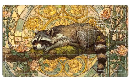 Art Nouveau Sleeping Raccoon MTG Playmat, EDGFRTOIO Floral Stained Glass TCG Mat with Game Zones, Tabletop Magic Play Mats 24"x14" Non-Slip Rubber Base for Trading Card Games Battles - color: Art Nouveau Sleeping Raccoon, size: 24"X14" With Zones