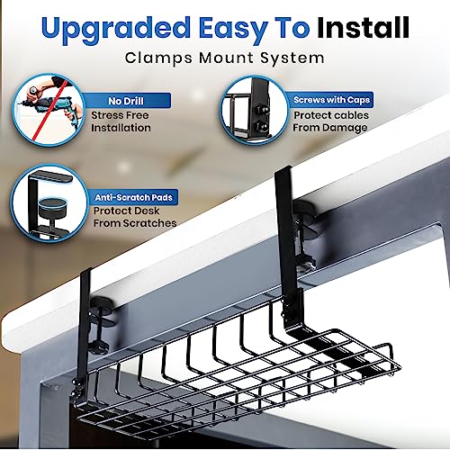 Under Desk Cable Management Tray, 16” No Drill Cord Organizer with Clamps for Wire Management, 4mm Sturdy Wire Desk Cable Organizer Tray, Cable Management Rack for Office