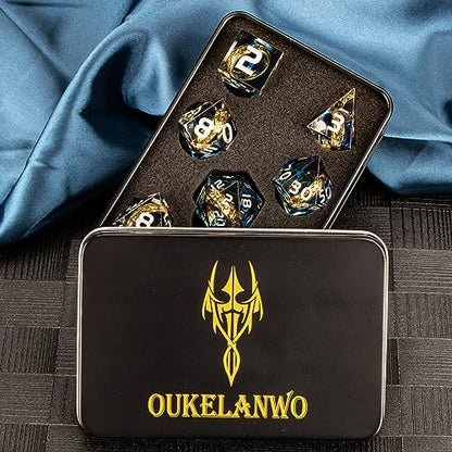 OUKELANWO Magic Lord Rings DND Dice Set with Box, 7Pcs Resin LOTR D&D Dice Set for Role Playing Game, Blue Dungeons Dragons D and D Sharp Edge Dice D20 D12 D10 D8 D6 D4 - color: Blue & White