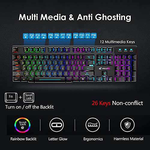 Rechargeable Wireless Gaming Keyboard and Mouse Combo with Mouse Pad, Black | 4,000mAh Battery, Up to 75H, Rainbow Backlight, 29-Key Anti-Ghosting, Mechanical Feel, 2,400 DPI, 6 Buttons, USB Receiver