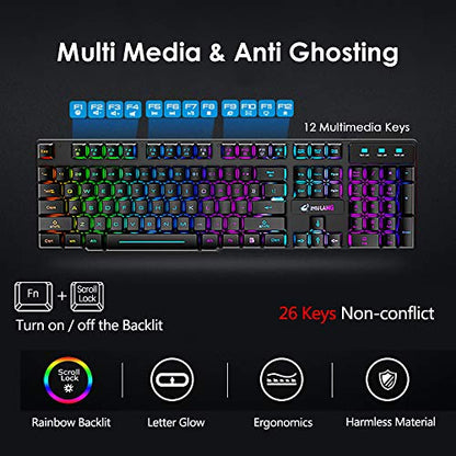 Rechargeable Wireless Gaming Keyboard and Mouse Combo with Mouse Pad, Black | 4,000mAh Battery, Up to 75H, Rainbow Backlight, 29-Key Anti-Ghosting, Mechanical Feel, 2,400 DPI, 6 Buttons, USB Receiver