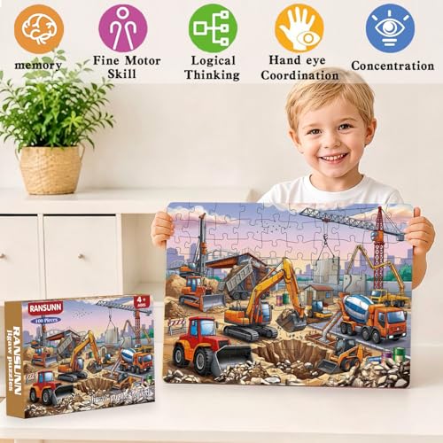 100 Piece Puzzles for Kids Ages 4-6 6-8 8-10, 100 Piece Construction Site Learning Educational Jigsaw Puzzles, Vehicle Kids Puzzles Ages 5-8 Gifts for Girls Boys - Every Piece is Unique - color: Construction Site