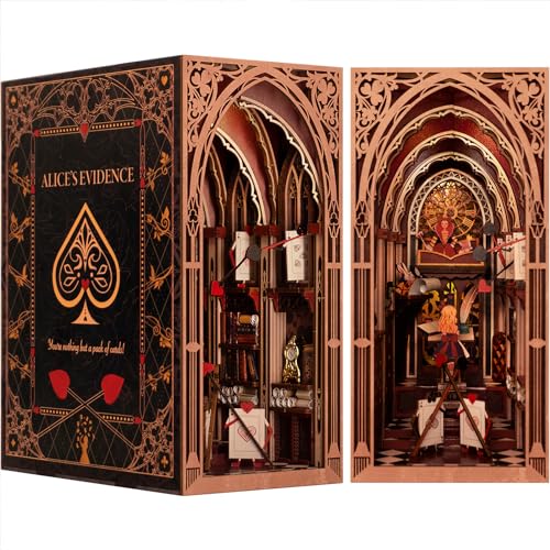 MiniCity Alice in Wonderland Book Nook Kit, DIY 3D Wooden Puzzle with LED | Build Alice's courtroom in 6-8 hr; 267-piece kit includes LED, dust cover, glue/tools and guide for shelf display, ages 14+. - style: Alice in Wonderland