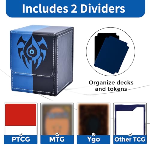 Card Deck Box with 2 Dividers, MTG Commander Deck Box Holds 100+ Double-Sleeved Cards, Leather Magnetic Deck Case Compatible with Magic TCG CCG Cards, Blue/Black - color: 1. Blue & Black, size: 100 Double-sleeved Cards Vertical