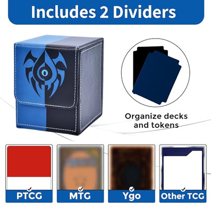 Card Deck Box with 2 Dividers, MTG Commander Deck Box Holds 100+ Double-Sleeved Cards, Leather Magnetic Deck Case Compatible with Magic TCG CCG Cards, Blue/Black - color: 1. Blue & Black, size: 100 Double-sleeved Cards Vertical