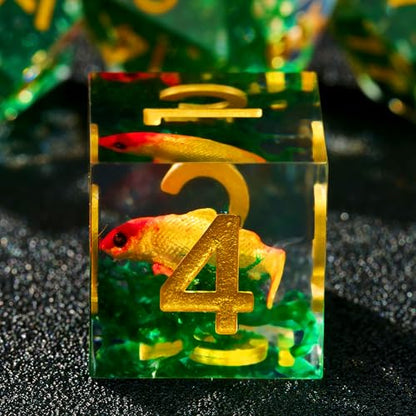 Moss and Koi Fish DND Dice Set - 7Pcs Sharp Edge Resin Polyhedral Game Dice for D&D RPG - Includes D20, D12, D10, D8, D6, D4 - Moss Agate Fish Design(Gold) - color: Gold