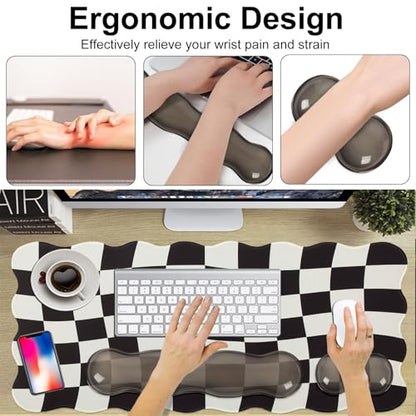L-SPOUTTO Black Checkered Mouse Pad Set,Scalloped XXL Desk Mat + Ergonomic Mouse Wrist Rest + Gel Keyboard Wrist Rest for Keyboard 65%/75%,3in1 Large Desk Pad for Desktop Home Office Computer Game - color: Black Checkered