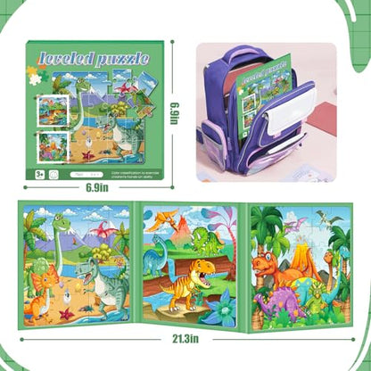 Magnetic Puzzles for Toddlers 3-5 Dinosaur Puzzle Travel Toys for Kids | Jigsaw Puzzles for Kids 75-Pieces Travel Toys Dinosaur Puzzles Ages 4-6 Road Car Trip & Airplane Activities - style: Dinosaur