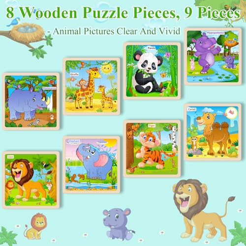 Wooden Puzzles for Toddlers Ages 2-4, 8 Pack 9 Pcs Kids Jigsaw Puzzles Set for Ages 3-5, Educational Learning Toys Gift for 3 4 5 Year Old Boys Girls, Cute Preschool Animal Patterns