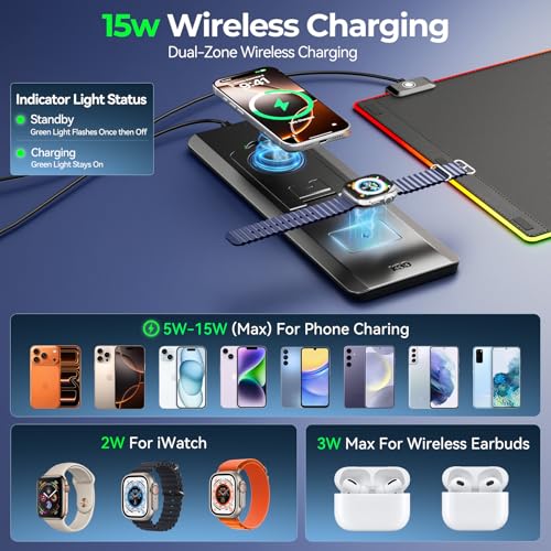 KDD RGB Mouse Pad with Wireless Charging - Desk Mat with Phone Holder and 15W Fast Charger - Gaming Mousepad with Ultra-Smooth Surface, Non-Slip Base - Keyboard Mat for Home Office Gamer Accessories