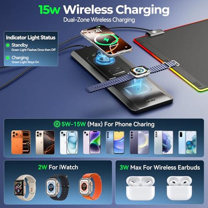 KDD RGB Mouse Pad with Wireless Charging - Desk Mat with Phone Holder and 15W Fast Charger - Gaming Mousepad with Ultra-Smooth Surface, Non-Slip Base - Keyboard Mat for Home Office Gamer Accessories