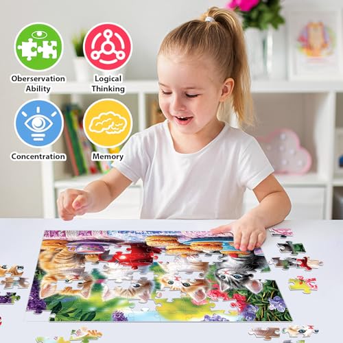 100 Piece Puzzles for Kids Ages 4-6, Kittens' Tea Time Jigsaw Puzzle, Educational Fun for Kids Ages 6-8 & 8-10, Large Piece Puzzles for Seniors & Adults, Creative Puzzle for Family Activities - style: Kittens' Tea Time