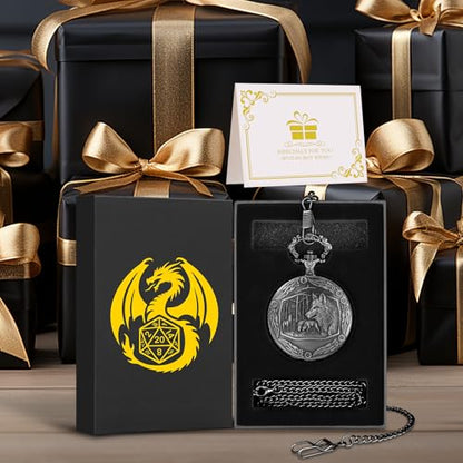 Mini DND Dice Set with Steampunk Wolf Pocket Watch Shell Case, 7pcs Polyhedral Metal D&D Dice Set, DND Gifts with Gift Box for Gamer, Role Playing Board Games Accessories, Dark Silver, Zinc Alloy - color: Dark Silver