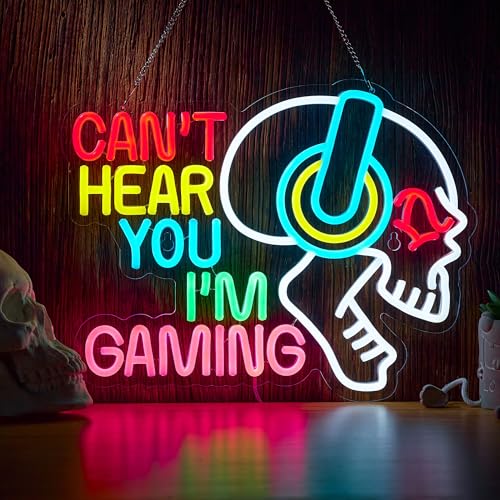 Gaming Neon Sign Can't Hear You I'm Gaming Skull Gamer LED Light Bright USB Powered Light up Game Signs with dimmer for Game Zone Video Room Boy Bedroom Wall Decor Compatible with Timer - color: White Green Pink