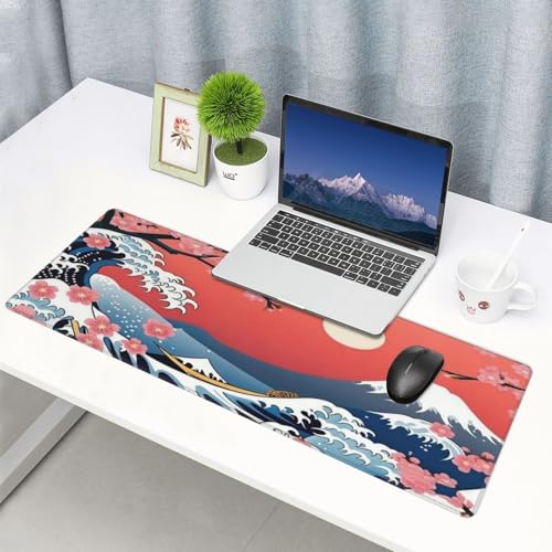 Large Gaming Mouse Pad Desk Mat, Japanese Cherry Blossom Sea Wave Extended Keyboard Mouse Pad Mousepad with Non-Slip Base and Stitched Edge Mouse Mat Desk Pad for Desk Home Office, 31.5 x 11.8 - color: Japanese Cherry Blossom Sea Wave