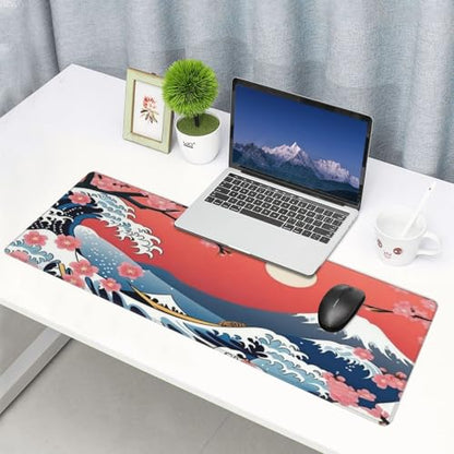 Large Gaming Mouse Pad Desk Mat, Japanese Cherry Blossom Sea Wave Extended Keyboard Mouse Pad Mousepad with Non-Slip Base and Stitched Edge Mouse Mat Desk Pad for Desk Home Office, 31.5 x 11.8 - color: Japanese Cherry Blossom Sea Wave