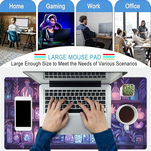 Cute Cozy Purple Gaming Desk Mat, Mystical Potion Bottles Mouse Pad XXL Large Extended Aesthetic Apothecary Shelf Desk Pad, Fun Computer Desktop Pad Mat Laptop Keyboard and Mouse Mat 31.5x15.7 in - color: Purple Potion Bottles