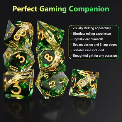 Golden Ring DND Dice Set, 7pcs D&D Polyhedral Sharp Edge Resin Dice with Box, Rings Dice Set for Role Playing Dungeons and Dragons, Playing Games for D and D MTG RPG Table Game Gifts (Green) - color: Ring Green, style: Ring