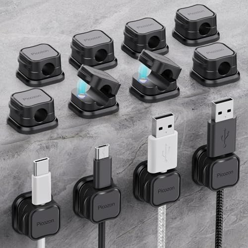 12 Pack Magnetic Cable Clip Organizer Cord Holder, Picozon Adhesive Cable Management, Wire Phone USB Charger Cable Holder, Keeper Organizer for Office Home Desktop Table - Black - size: Pack of 12
