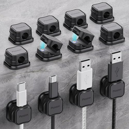 12 Pack Magnetic Cable Clip Organizer Cord Holder, Picozon Adhesive Cable Management, Wire Phone USB Charger Cable Holder, Keeper Organizer for Office Home Desktop Table - Black - size: Pack of 12