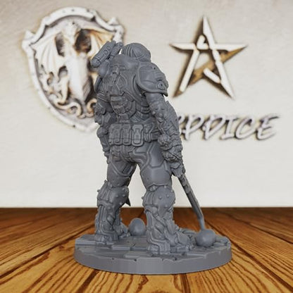 AUSPDICE 32mm Sci-Fi Unpainted Miniature, Power Armor Soldier, AS324 | Heroic Human Combat Figure with Full Helmet and Sword for Tabletop RPG Gaming, Miniature Games, TTRPGs and RPG Accessories