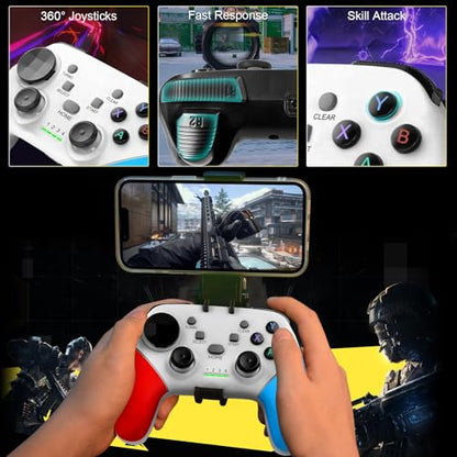Joso Wireless Mobile Gaming Controller for iPhone, Android, iPad, Tablet, PC, Phone Controller with Phone Clip Supports Cloud Game, COD Mobile, Genshin Immpact, Remote Player Gamepad - color: White+Blue+Red