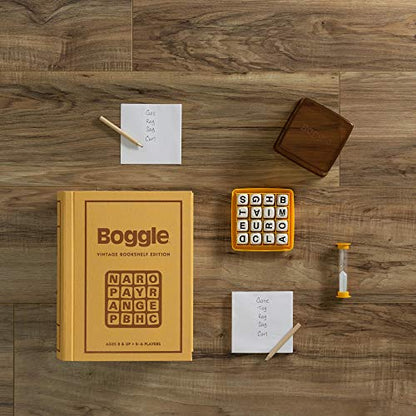 WS Game Company Boggle Vintage Bookshelf Edition Classic Tabletop Word Game | Linen-Wrapped Book Box, Translucent Dome, Sand Timer, Integrated Storage, Retro Design, 2-6 Players, Adults and Kids 8 and Up